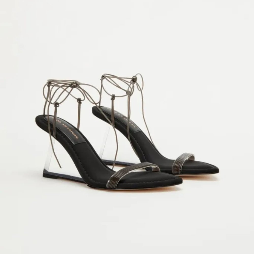Good American Cinderella Lucite Triangle Wedge Heel Strappy Sandal Lace Up 8.5